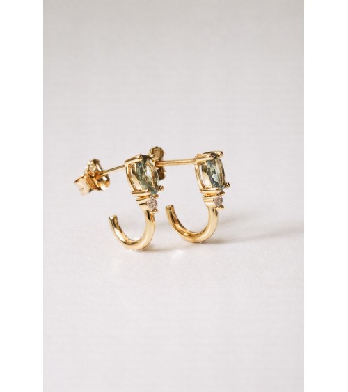 Boucles d'oreilles demi créoles en plaqué or avec pierre facette smoky vert