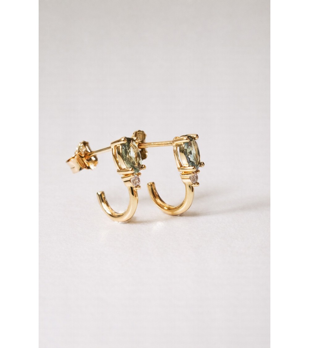 Boucles d'oreilles demi créoles en plaqué or avec pierre facette smoky vert