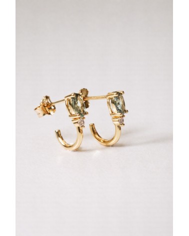 Boucles d'oreilles demi créoles en plaqué or avec pierre facette smoky vert