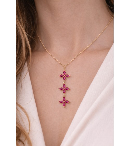 Collier en plaqué or et trio de fleurs en verre couleur fuchsia