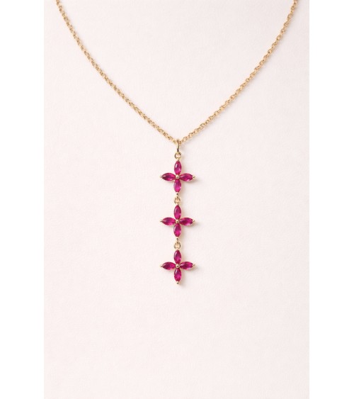 Collier en plaqué or et trio de fleurs en verre couleur fuchsia
