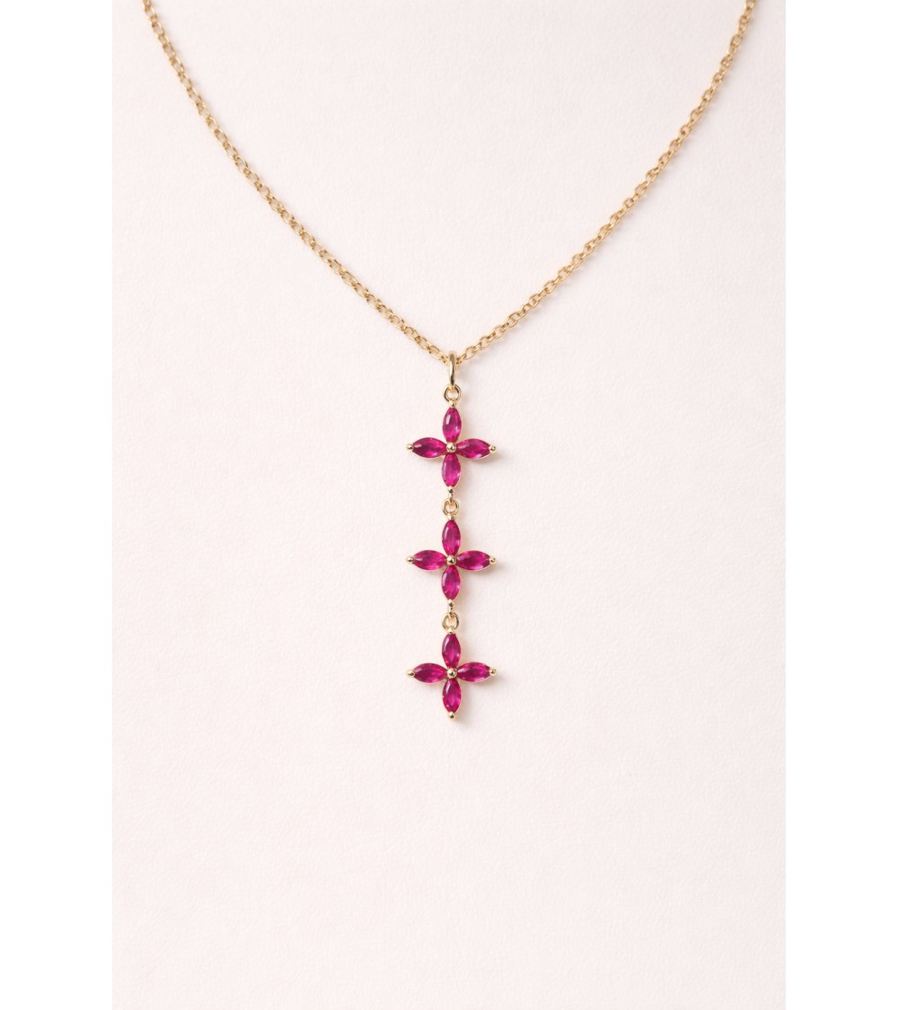Collier en plaqué or et trio de fleurs en verre couleur fuchsia