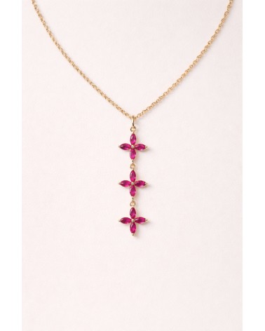 Collier en plaqué or et trio de fleurs en verre couleur fuchsia