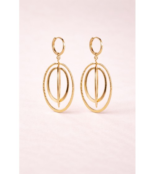 Boucles d'oreilles 3 ovales striées entrelacées, en plaqué or avec fermeture "dormeuse"