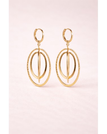 Boucles d'oreilles 3 ovales striées entrelacées, en plaqué or avec fermeture "dormeuse"