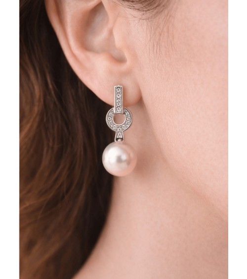 Boucles d'oreilles en argent 925/1000 rhodié avec anneau serti d'oxydes de zirconium  et perle synthétique