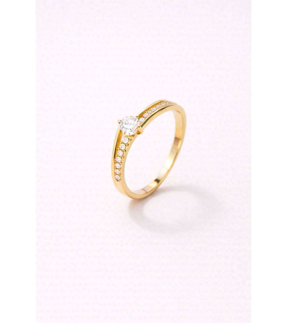 Bague solitaire double rangs lisses en plaqué or et un rang avec oxydes de zirconium
