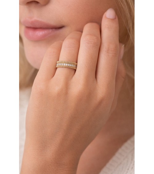 Bague anneau en plaqué or avec un rang d'oxydes de zirconium, les autres rangs boules