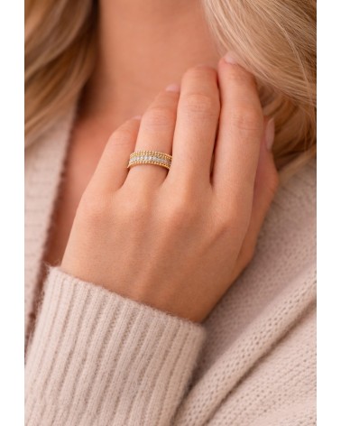 Bague anneau en plaqué or avec un rang d'oxydes de zirconium, les autres rangs boules