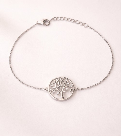 Bracelet "arbre de vie" en argent 925/1000ème rhodié avec une nacre et oxyde de zirconium sur les branches