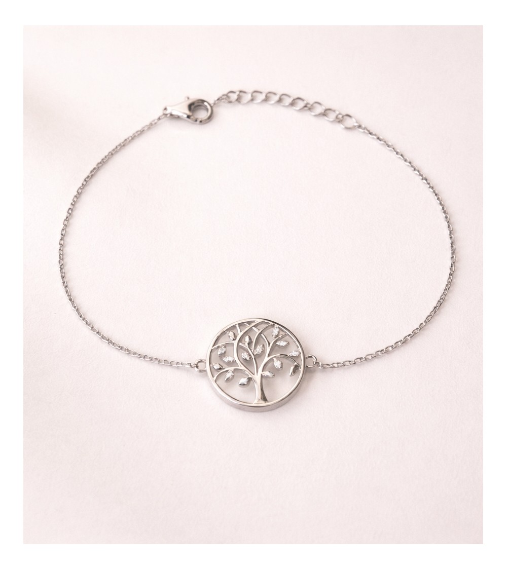 Bracelet "arbre de vie" en argent 925/1000ème rhodié avec une nacre et oxyde de zirconium sur les branches