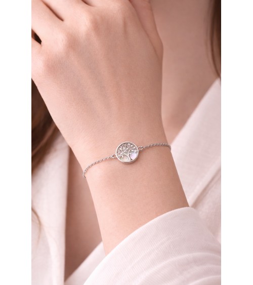 Bracelet "arbre de vie" en argent 925/1000ème rhodié avec une nacre et oxyde de zirconium sur les branches