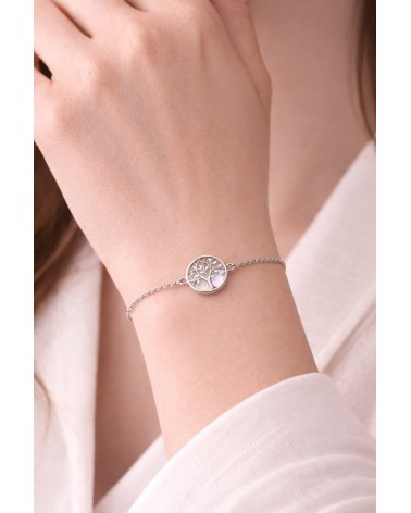 Bracelet "arbre de vie" en argent 925/1000ème rhodié avec une nacre et oxyde de zirconium sur les branches