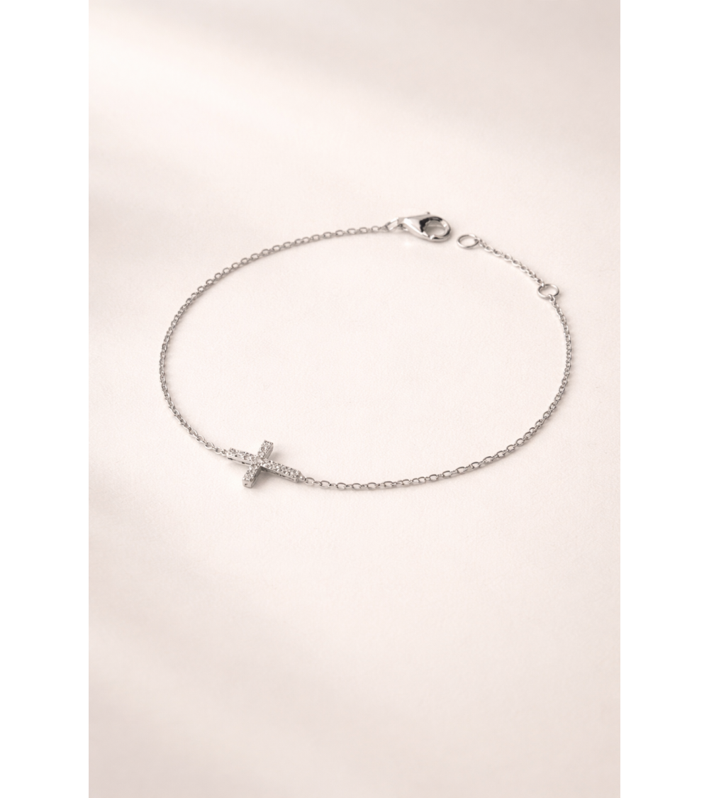 Bracelet croix en argent 925/1000ème rhodié et oxyde de zirconium