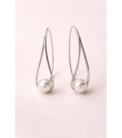 Boucles d'oreilles pendantes en argent 925/1000ème rhodié forme goutte évidée et perle synthétique blanche
