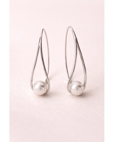 Boucles d'oreilles pendantes en argent 925/1000ème rhodié forme goutte évidée et perle synthétique blanche