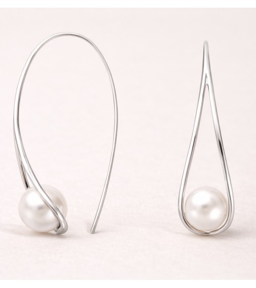 Boucles d'oreilles pendantes en argent 925/1000ème rhodié forme goutte évidée et perle synthétique blanche