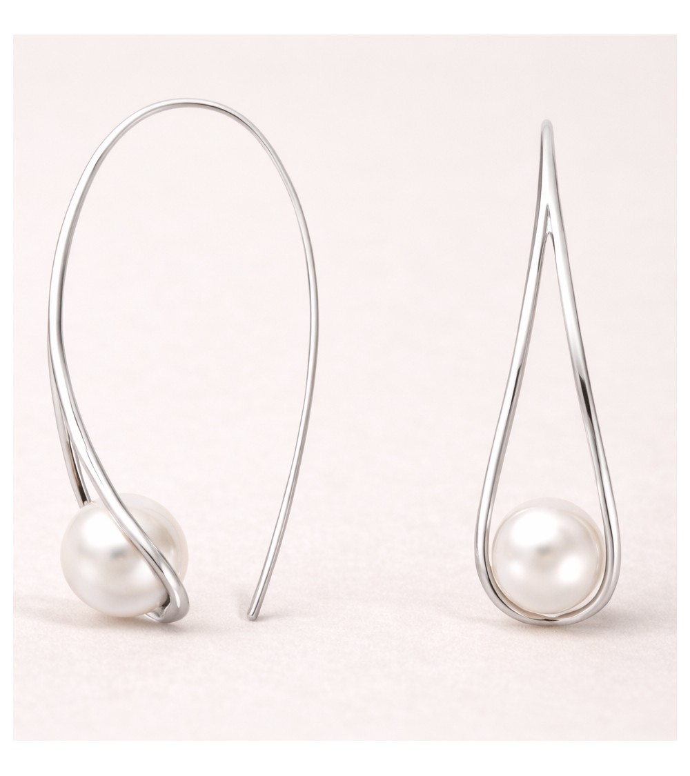 Boucles d'oreilles pendantes en argent 925/1000ème rhodié forme goutte évidée et perle synthétique blanche