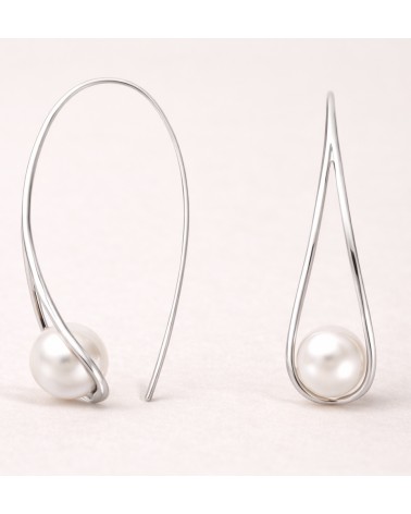Boucles d'oreilles pendantes en argent 925/1000ème rhodié forme goutte évidée et perle synthétique blanche