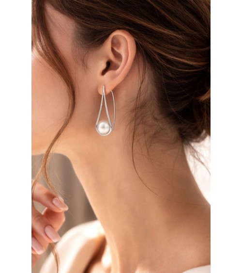 Boucles d'oreilles pendantes en argent 925/1000ème rhodié forme goutte évidée et perle synthétique blanche