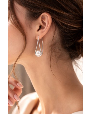 Boucles d'oreilles pendantes en argent 925/1000ème rhodié forme goutte évidée et perle synthétique blanche