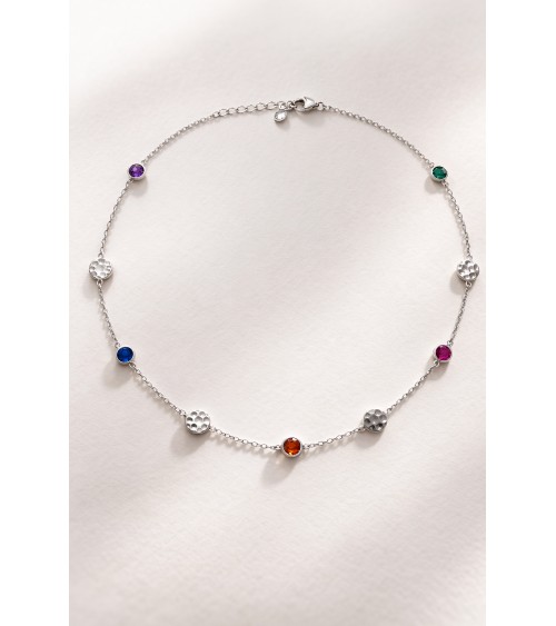 Collier en argent 925/1000ème rhodié avec pierres de couleur tutti frutti et pastilles martelées