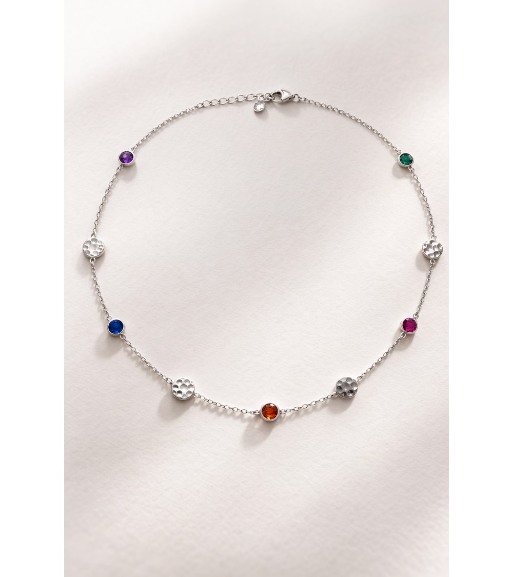 Collier en argent 925/1000ème rhodié avec pierres de couleur tutti frutti et pastilles martelées
