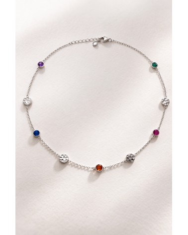 Collier en argent 925/1000ème rhodié avec pierres de couleur tutti frutti et pastilles martelées