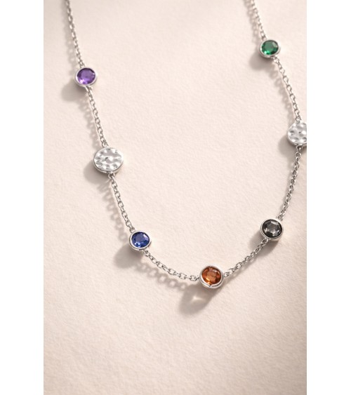 Collier en argent 925/1000ème rhodié avec pierres de couleur tutti frutti et pastilles martelées