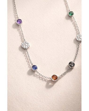 Collier en argent 925/1000ème rhodié avec pierres de couleur tutti frutti et pastilles martelées