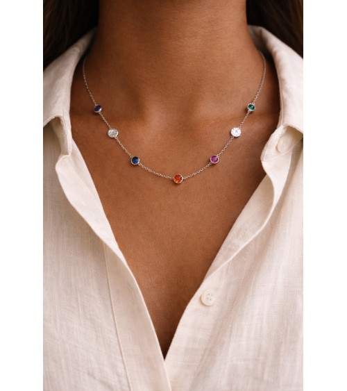 Collier en argent 925/1000ème rhodié avec pierres de couleur tutti frutti et pastilles martelées