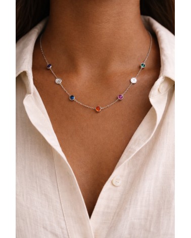 Collier en argent 925/1000ème rhodié avec pierres de couleur tutti frutti et pastilles martelées