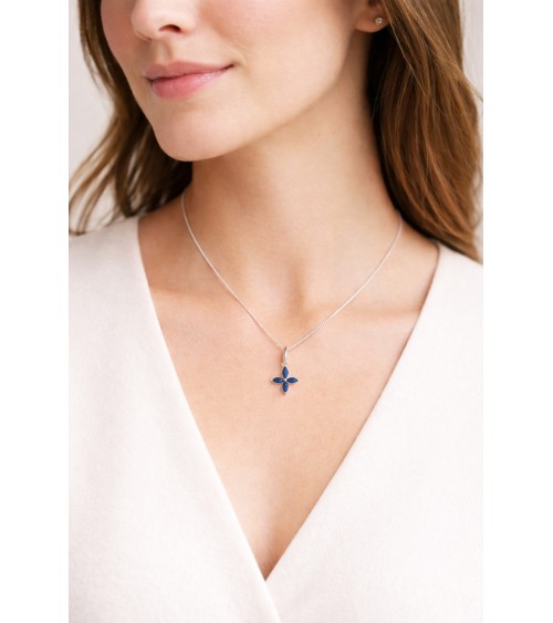 Pendentif seul "fleur" en argent 925/1000 rhodié et verre couleur bleu saphir