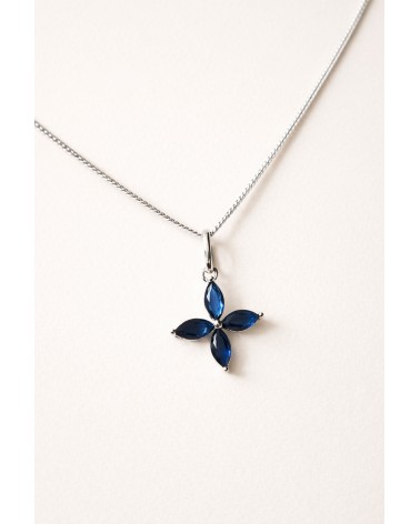 Pendentif seul "fleur" en argent 925/1000 rhodié et verre couleur bleu saphir