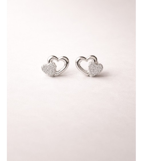 Boucles d'oreilles en argent 925/1000 rhodié, double cœur dont l'un est serti d'oxydes de zirconium