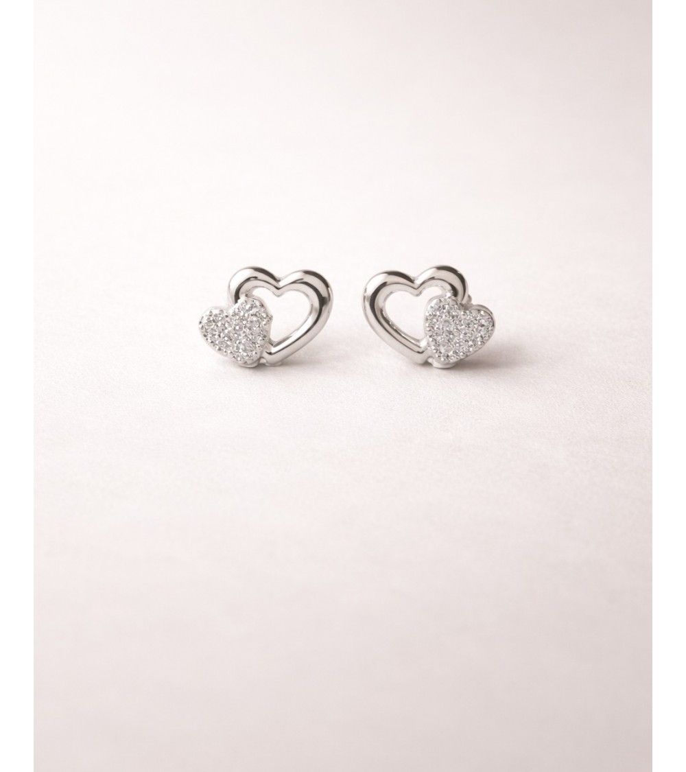 Boucles d'oreilles en argent 925/1000 rhodié, double cœur dont l'un est serti d'oxydes de zirconium