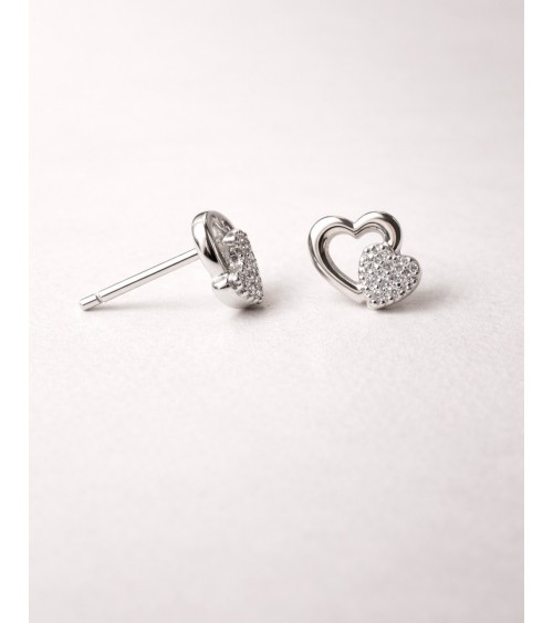Boucles d'oreilles en argent 925/1000 rhodié, double cœur dont l'un est serti d'oxydes de zirconium