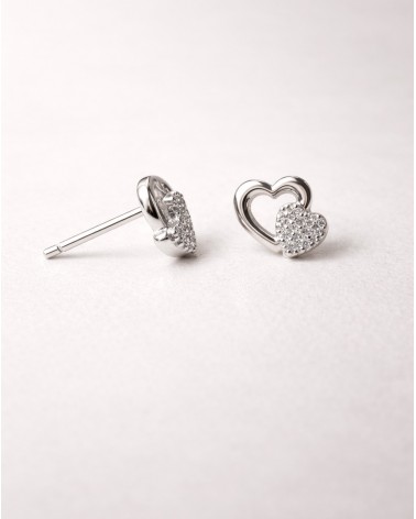 Boucles d'oreilles en argent 925/1000 rhodié, double cœur dont l'un est serti d'oxydes de zirconium