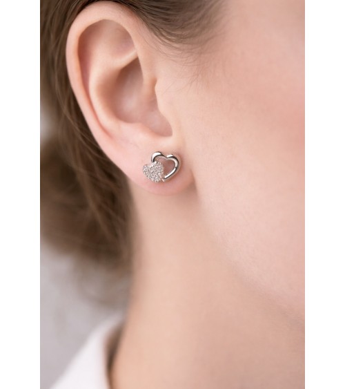 Boucles d'oreilles en argent 925/1000 rhodié, double cœur dont l'un est serti d'oxydes de zirconium