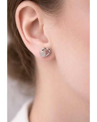 Boucles d'oreilles en argent 925/1000 rhodié, double cœur dont l'un est serti d'oxydes de zirconium