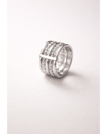 Bague en argent 925/1000 rhodié avec 3 anneaux lisses et 2 crantés reliés par une barre