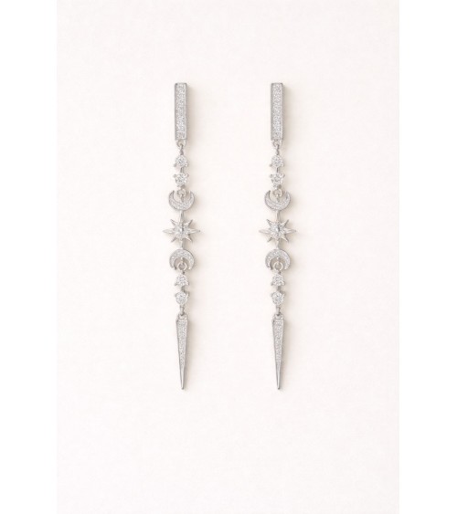 Boucles d'oreilles pendantes en argent 925/1000 rhodié avec motifs étoile, lune, et pointe en oxydes de zirconium