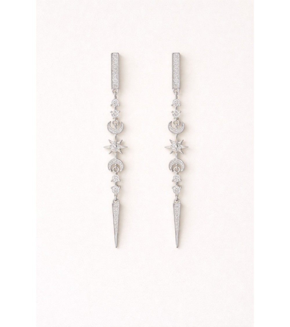 Boucles d'oreilles pendantes en argent 925/1000 rhodié avec motifs étoile, lune, et pointe en oxydes de zirconium