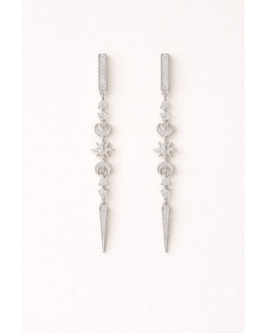 Boucles d'oreilles pendantes en argent 925/1000 rhodié avec motifs étoile, lune, et pointe en oxydes de zirconium
