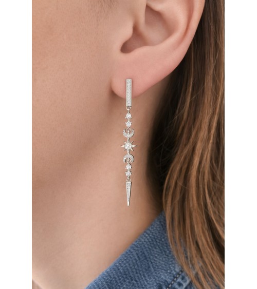 Boucles d'oreilles pendantes en argent 925/1000 rhodié avec motifs étoile, lune, et pointe en oxydes de zirconium