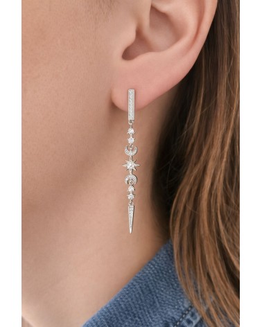 Boucles d'oreilles pendantes en argent 925/1000 rhodié avec motifs étoile, lune, et pointe en oxydes de zirconium