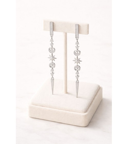 Boucles d'oreilles pendantes en argent 925/1000 rhodié avec motifs étoile, lune, et pointe en oxydes de zirconium