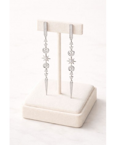 Boucles d'oreilles pendantes en argent 925/1000 rhodié avec motifs étoile, lune, et pointe en oxydes de zirconium