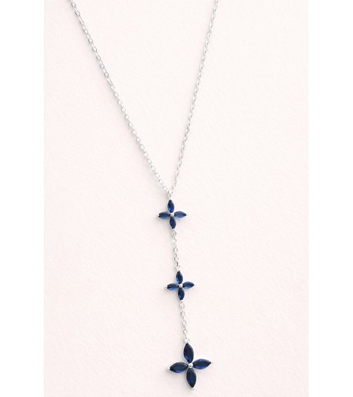 Collier en argent 925/1000ème rhodié en forme Y avec trio de fleurs bleu saphir