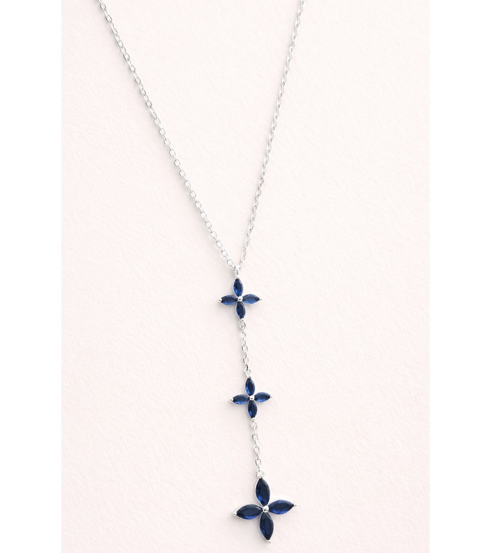 Collier en argent 925/1000ème rhodié en forme Y avec trio de fleurs bleu saphir